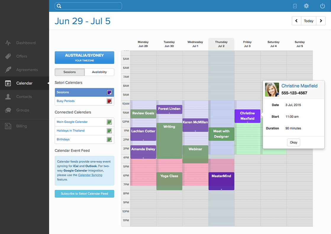 Session calendar screenshot